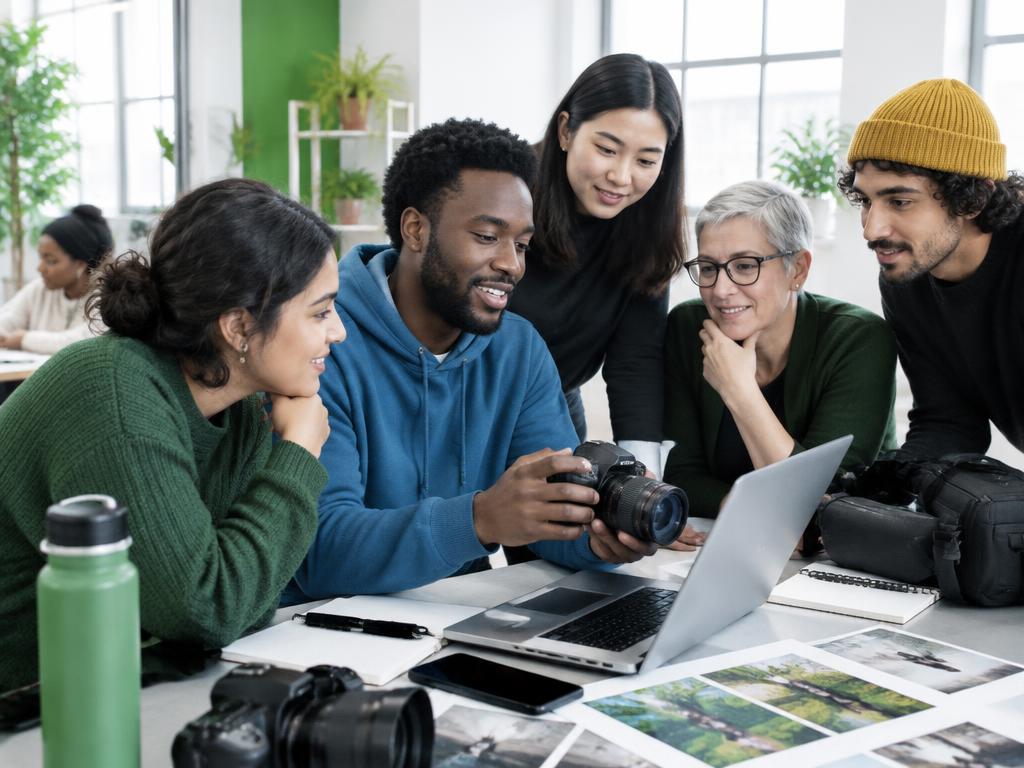 People exploring digital media skills together at a community workshop