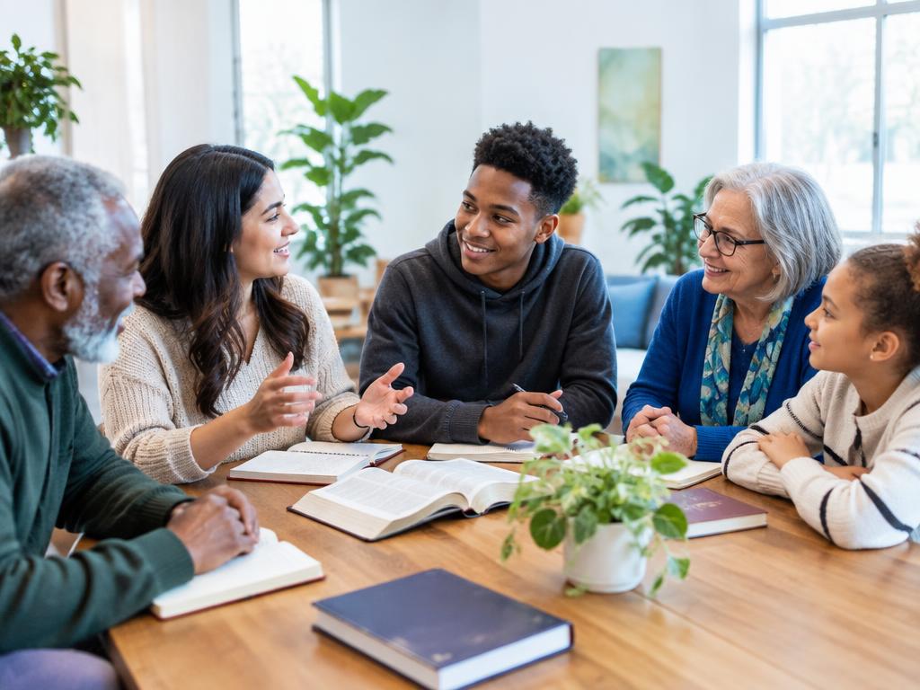 A group learning and reflecting together around an open book